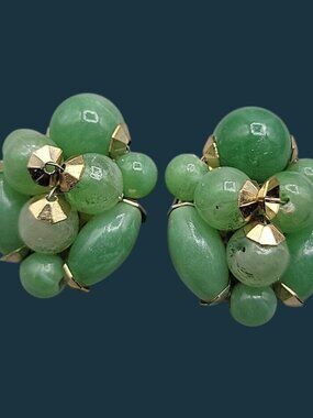 Green Jello Lucite Cluster Clip On Earrings Vintage Hong Kong Gold Tone